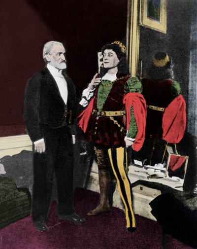 جوزيبي فيردي وفيكتور موريل (في Iago) في فبراير 1887 في Scala في ميلانو بعد العرض الأول لـ Otello. بواسطة فنان غير معروف