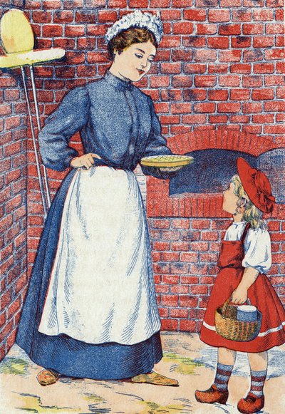 اذهب وخذ تلك الكعكة ووعاء الزبدة إلى جدتك. رسم مجهول لـ "The Little Red Riding Hood" ، حكاية تشارلز بيرولت (1628-1703) ، الكاتب الفرنسي. الصور مارسيل فاني ، جارفيل نانسي ، بدون تاريخ (أواخر القرن التاسع عشر). بواسطة فنان غير معروف
