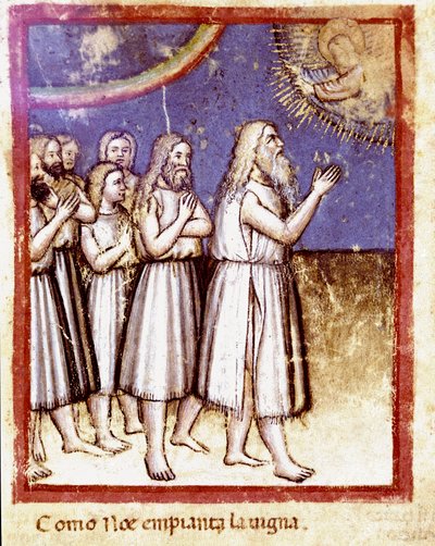 بارك الله نوي وعائلته الناجين من الطوفان المصغر من مجلد المخطوطات 212 (أو كود بادوفانو أو الكتاب المقدس لبادوا) 1390-1400 روفيغو ، أكاديميا دي كونكوردي بواسطة فنان غير معروف