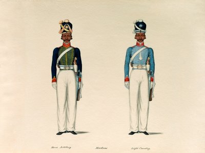 غولوندوز ، مدفعية حصان مدراس ؛ وسوار ، مدراس الفرسان الخفيفة ، 1835 حوالي. بواسطة غير معروف