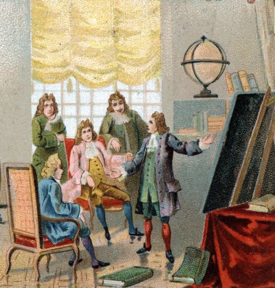 جوتفريد فيلهلم ليبنيز (1646-1716) ، فيلسوف وعالم رياضيات ألماني ؛ إظهار نظرياته في الحساب التفاضلي. الطباعة الحجرية الملونة ، أواخر القرن التاسع عشر. بواسطة فنان غير معروف