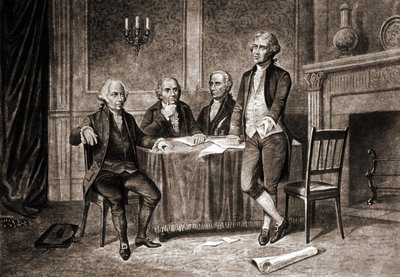 الحاكم موريس (1752-1816) مع آدامز وهاملتون وجيفرسون. بواسطة فنان غير معروف