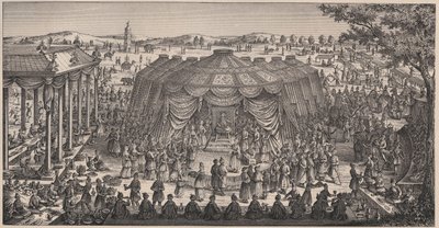 مأدبة كبيرة أقامها تامرلان (1336-1405) (أو تيمور لانغ ، "تيمور الأعرج") في سهل خاني غول للاحتفال بزواج أحفاده - نقش القرن التاسع عشر بواسطة فنان غير معروف