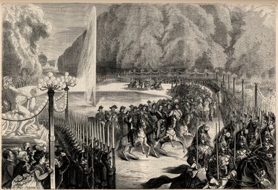 المجلة الكبرى في 14 أغسطس: الإمبراطور نابليون الثالث (1808-1873) ، تلاه طاقمه يعبر حديقة التويلري في باريس. ابنه ، الأمير الإمبراطوري يوجين لويس جوزيف (1856-1879) ، على يمينه. نقش في "الكون اللامع" بواسطة فنان غير معروف