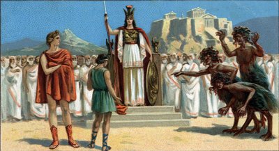 المآسي اليونانية الكبرى: "The Orestia" لإسخيلوس. ظهر أوريست أمام محكمة أريوباج أو المحكمة العليا في أثينا ، برئاسة الإلهة بالاس أثين أو مينيرفا ، بمساعدة أبولو. إلى اليمين يوجد Eumenides (الغضب الثلاثة). أوريستي غائب بواسطة فنان غير معروف