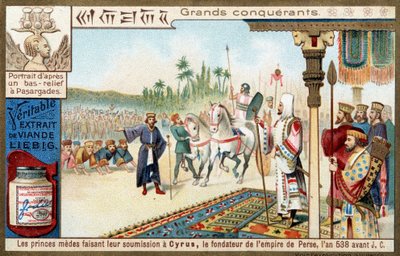 الفاتحون العظماء: أمراء الميديون يخضعون لسيروس الثاني الكبير (559-529 قبل الميلاد) ، مؤسس الإمبراطورية الفارسية في عام 538 قبل الميلاد - ليبيج للطباعة الحجرية الملونة بواسطة فنان غير معروف
