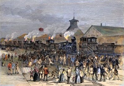 إضراب كبير للسكك الحديدية في عام 1877 ، حصار المحركات في Martinsburg ، فيرجينيا الغربية بواسطة فنان غير معروف