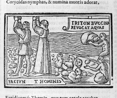 الأساطير اليونانية: Deucalion و Pyrrha يلقون الحجارة التي تلد البشر بعد الطوفان لتعبئة الأرض. Xylography من القرن السادس عشر بواسطة فنان غير معروف