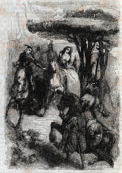 يلتقي Griffon مع Origille - نقش عام 1851 من "Furious Roland" (أورلاندو فوريوسو) (القرن السادس عشر) بواسطة Ludovico Ariosto ، المعروف باسم Ariosto - إصدار مترجم من الإيطالية بواسطة Count of Tressan ونشره Gustave Harvard 1851 بواسطة فنان غير معروف
