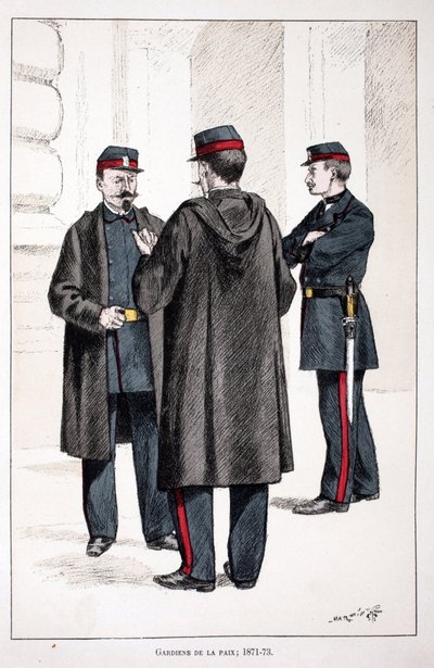 حراس السلام (1871-1873). النقش بالألوان ، للتوضيح ، كتاب "Histoire du corps des gardiens de la paix" "" "الذي نُشر تحت رعاية حاكم شرطة نهر السين لويس ليبين (1846-1933) ، بقلم ألفريد ري (1864-؟) ولويس فيرون بواسطة فنان غير معروف