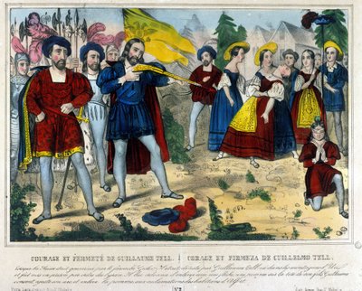 Guillaume Tell (William Tell) (البطل الأسطوري لاستقلال سويسرا). يجبر البربري جيسلر Guillaume Tell على إزالة تفاحة بسهم وضعت على رأس طفله. نقش القرن التاسع عشر بواسطة فنان غير معروف