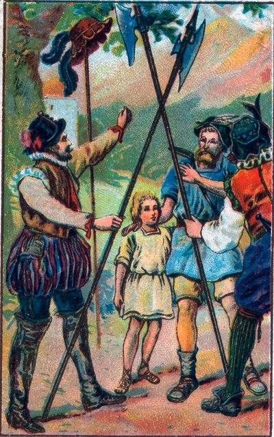 رفض غيوم تيل (وليام تيل) (الأبطال الأسطوريون لاستقلال سويسرا) الانحناء للقبعة. الطباعة الحجرية الملونة في أواخر القرن التاسع عشر. بواسطة فنان غير معروف