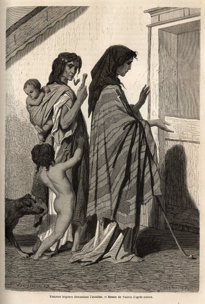 نساء وأطفال الغجر ، في الخرق أو نصف عراة ، يطلبون من الباب إلى الباب وحده في إسك (حوض الدانوب). نقش لتوضيح ذكريات السفر بين السلاف الجنوبيين ، بقلم جورج بيرو ، في عام 1868 ، نُشر في "" Le tour du monde "" 1870-1871 ، تحرير بواسطة فنان غير معروف