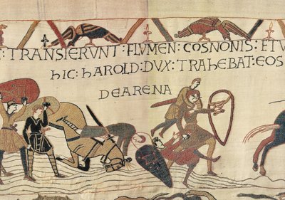 هارولد يسحب جنود نورمان من Quicksand ، Bayeux Tapestry (تطريز صوف على الكتان) بواسطة فنان غير معروف