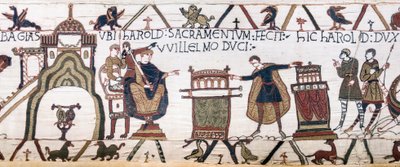 هارولد يقسم اليمين المقدس لوليام في Bayeux ، Bayeux Tapestry (تطريز صوف على الكتان) بواسطة فنان غير معروف
