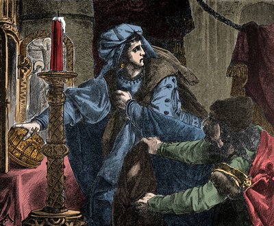 هيلين كوتانر (Kottanerin ، Kottannerin) (1439-1440) تسرق التاج الملكي للقديس ستيفن (التاج المجري المقدس) في 1440 (ستيفن الأول ملك المجر) ( بواسطة فنان غير معروف