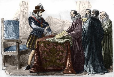هنري الرابع (1553 - 1610) يوقع تحرير نانت في 13 أبريل 1598. بواسطة فنان غير معروف