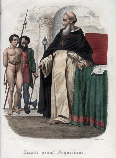 السجين الزنديق والمحقق اليسوعي الكبير في عهد البابا كليمنت الثامن (1592-1605). نقش من عام 1842 في "تاريخ الباباوات" لموريس لاشاتر. مجموعة خاصة. بواسطة فنان غير معروف