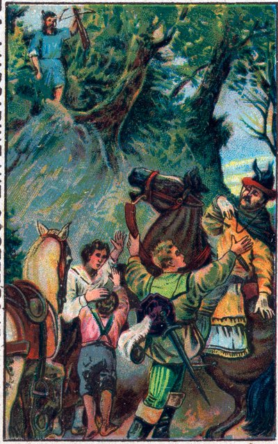 تاريخ Guillaume Tell (William Tell) (أبطال أسطوريون لاستقلال سويسرا): وفاة Gessler. الطباعة الحجرية الملونة في أواخر القرن التاسع عشر. بواسطة فنان غير معروف