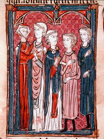 تاريخ القانون الكنسي: "" مشهد الخطوبة "" "المنمنمة المأخوذة من" "Decret de Gratien" "(" Concordia discordantium canonum "أو" Decretum Gratiani ") والتي تعود إلى عام 1140 وتنظم قوانين وشرائع الكنيسة الرومانية الكاثوليكية. القرن الثالث عشر لاون ، مون بواسطة فنان غير معروف