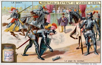 تاريخ القفاز: رمي القفاز ، تعهد المعركة في بطولات الفرسان - Liebig chromolithography بواسطة فنان غير معروف