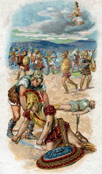 تاريخ حياة أخيل ، الأبطال الأسطوريين في حرب طروادة: موت أخيل ، عند سفح جدران طروادة ، يخترق الكعب ، نقطة ضعفه ، سهمًا سحبه باريس. الطباعة الحجرية الملونة لعام 1890. بواسطة فنان غير معروف
