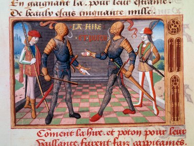 حرب المائة عام: "Etienne de Vignoles or Vignolles dit La Hire (Lahire) (1390-1443) وجان بوتون ، سيد Xaintrailles (أو Saintrailles) (v. 1400 to 1461) ، رفقاء Joan of Arc ، أصبحوا نقباء "" منمنمة مضاءة من مخطوطة "" Vig بواسطة فنان غير معروف