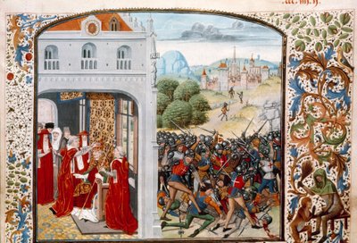 حرب المائة عام: "" توج البابا غريغوار الحادي عشر (1329-1378) أفينيون عام 1370. معركة بونتفالان بين الفرنسية والإنجليزية في 4/12/1370 "" صورة مصغرة من "سجلات" بقلم جان فرويسارت (1337-1400) القرن الخامس عشر في باريس. BN بواسطة فنان غير معروف
