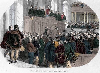 الثورة المجرية لعام 1848: الاجتماع الأول للجمعية الوطنية في المجر في 5 يوليو 1848. نقش في "المجر التاريخية بقلم جيه بولديني باريس 1853" بواسطة فنان غير معروف