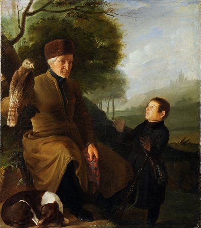 صياد مع الصقر. صورة للأمير بلاتون ألكساندروفيتش زوبوف (1767-1822) وإيفان أندريفيتش ياكوبوفسكي (1770-1864) ، مجهول. زيت على قماش ، نهاية عام 1810 ، متحف الدولة للعمارة والتاريخ والفن ، فلاديمير بواسطة فنان غير معروف