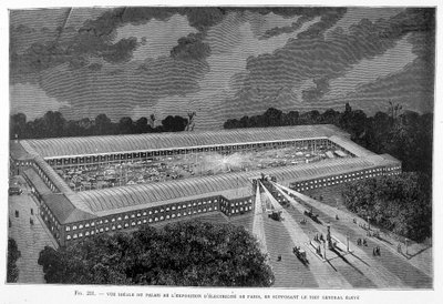 منظر مثالي لقصر Palais de l'exposition d'électricité de Paris ، بافتراض السقف المركزي العالي - في "الفتوحات الجديدة للعلم" للويس فيغير. بواسطة فنان غير معروف