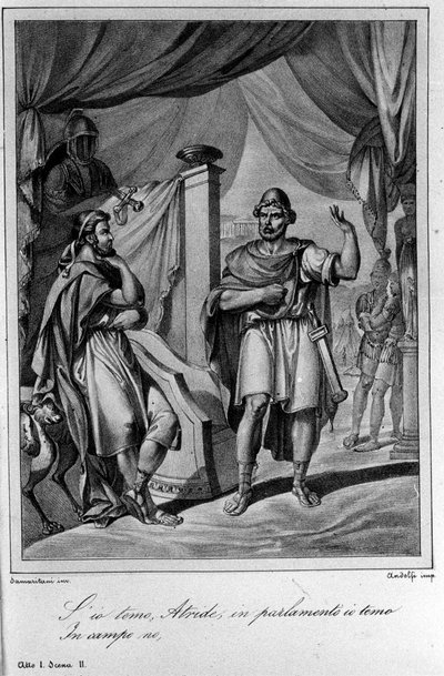رسم توضيحي للمشهد 2 من الفصل الأول من "Ajax" (Aiace) للشاعر والكاتب المسرحي الإيطالي أوغو فوسكولو (1778-1827) القرن التاسع عشر بواسطة فنان غير معروف