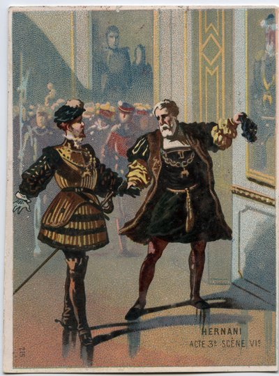 رسم إيضاحي لـ "" إرناني "للملحن الإيطالي جوزيبي فيردي (1813 - 1901) ، الفصل 3 ، مشهد الأوبرا السادس الذي تم إنشاؤه في عام 1844 بعد مأساة" هرناني "للمخرج فيكتور هوغو. الطباعة الحجرية الملونة في أواخر القرن التاسع عشر. بواسطة فنان غير معروف