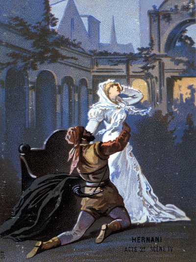رسم توضيحي لـ "إرناني" للمؤلف الموسيقي الإيطالي جوزيبي فيردي (1813 - 1901) ، الفصل الثاني ، المشهد 4 ، أوبرا تم إنشاؤها عام 1844 بعد مأساة فيكتور هوغو "هرناني". الطباعة الحجرية الملونة في أواخر القرن التاسع عشر .. بواسطة فنان غير معروف