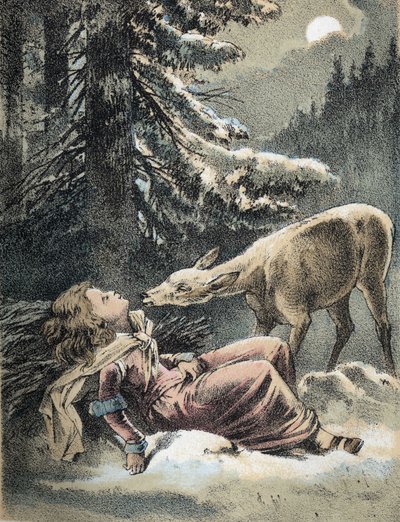 رسم توضيحي لحكايات فرانز هوفمان "" حكايات وخرافات - Von Weifsh¿ndchen und breitf¿fschen ": فتاة أغمي عليها في الثلج وغزال. الطباعة الحجرية الملونة في القرن التاسع عشر. بواسطة فنان غير معروف