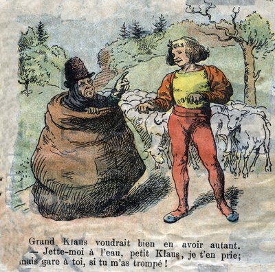 رسم توضيحي من أواخر القرن التاسع عشر لحكاية هانز كريستيان أندرسن (1805-1875) "جراند كلوز وليتل كلوز" (كلاوس). مجموعة خاصة. بواسطة فنان غير معروف