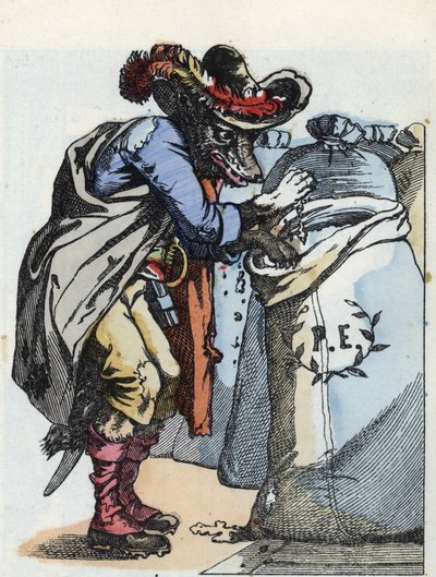 رسم توضيحي لحكاية "Compere le Loup، Maitre Renard، Comere la Chevre et ses petits biquets" "بعد حكاية جان دو لا فونتين. في "" حكايات من المنزل للصغار "". نقش مجهول من القرن التاسع عشر. بواسطة فنان غير معروف