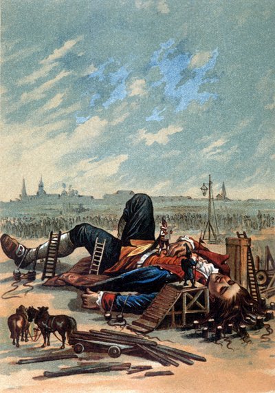 رسم توضيحي يُظهر Lilliputians وهم يربطون جاليفر. الطباعة الحجرية الملونة ، sd. أواخر القرن التاسع عشر. بواسطة فنان غير معروف