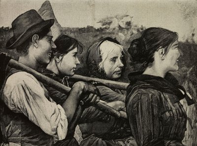 في الحقول، لوحة رسمها إيجيستو فيروني (1835-1912)، نقش بقلم ف. كانتاجالي من صورة فوتوغرافية لجي بروجي من L