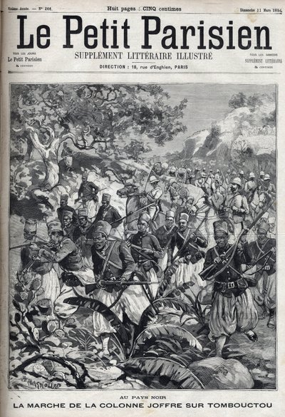 في المستعمرات الفرنسية: مسيرة عمود الجنرال جوزيف جوفر (1852-1931) وجيشه من spahis في تمبكتو (مالي). نقش في "" Le Parisien "" بواسطة فنان غير معروف