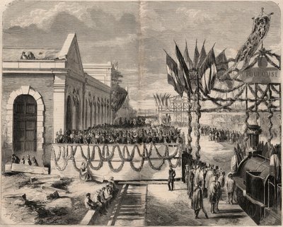 افتتاح خط السكة الحديد من تولوز إلى سيت عام 1857. نقش في "لوموند لامع" من عام 1857. مجموعة خاصة. بواسطة فنان غير معروف