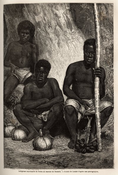 تاجر فاكهة Indigenes ، في سوق نوميا (كاليدونيا الجديدة). نقش لتوضيح الرحلة إلى كاليدونيا الجديدة من عام 1863 إلى عام 1866 ، بقلم جول غارنييه ، المهندس المدني للمناجم ، في "Le Tour du monde، nouveau journal des voyages" الذي نُشر تحت الرهيب بواسطة فنان غير معروف
