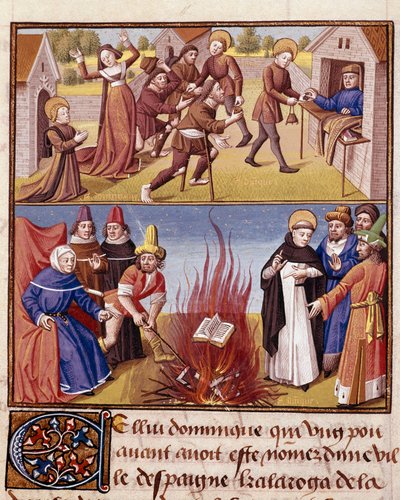 محكمة التفتيش "" Autodafe برئاسة القديس دومينيك دي جوزمان (1170-1221) ، مؤسس النظام الدومينيكي ، وإثبات نار الكتاب الهرطقي والكتاب الأرثوذكسي "" Miniature in "" Le miroir historyial "" (Speculum Historiale) ( 1196 ،  بواسطة فنان غير معروف