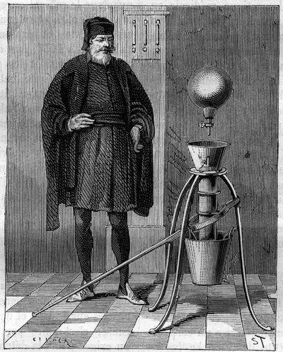الاختراع: آلة تعمل بالهواء المضغوط بواسطة أوتو دي جويريك (أوتو دي جويريك) (1602-1686) ، المخترع الألماني. نقش في "" La Nature "" بواسطة فنان غير معروف