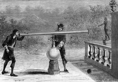 الاختراع: Sarbacan أو المسدس الهوائي بواسطة Otto von Guericke (Otto de Guericke) (1602-1686) ، المخترع الألماني. نقش في "" La Nature "" بواسطة فنان غير معروف