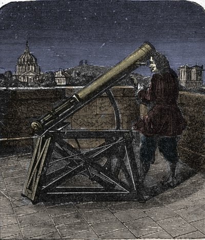 إسحاق نيوتن (1642-1727) عالم فيزياء إنجليزي يستخدم تلسكوبه. بواسطة فنان غير معروف