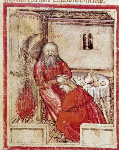 إسحاق بعد أن أكل الطفل الذي أحضره ابنه يعقوب البينيت معتقدًا أنه Esau Miniature من مجلد 212 (أو مخطوطة بادوفانو أو الكتاب المقدس لبادوا) 1390-1400 Rovigo، Accademia dei Concordi بواسطة فنان غير معروف