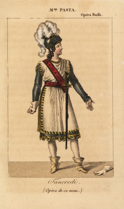 مغنية السوبرانو الإيطالية Giuditta Pasta في الدور الرئيسي لـ Tancredi في الأوبرا التي تحمل الاسم نفسه لـ Gioachino Rossini والتي تم عرضها في أوبرا بوفا ، باريس بواسطة فنان غير معروف