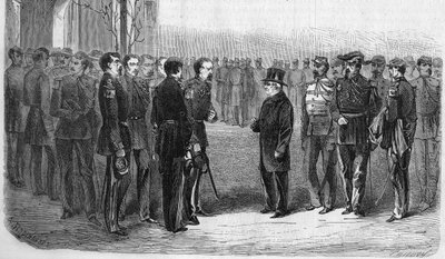 يناير 1873: قام أدولف تييرز (1797-1877) ، سياسي فرنسي ، رئيس الجمهورية برفقة وزير الحرب والجنرال هارتونج بزيارة مدرسة البوليتكنيك. نقش من عام 1873. بواسطة فنان غير معروف