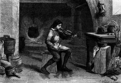جان بابتيست لولي (جيوفاني باتيستا لولي) ، طفل ، يعزف على الكمان في مطبخ Mademoiselle de Montpensier. نقش بواسطة فنان غير معروف